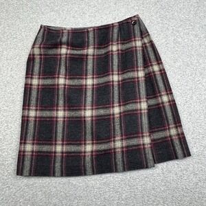 Madison & Max Tartan Plaid Wrap Skirt Womens 6 Gray Red Wool Blend Button Lined